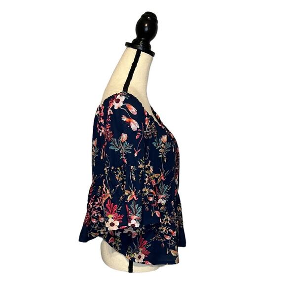 a.n.a. A New Approach Blouse Womens PM Navy Floral Bell Sleeve Off The Shoulder - Picture 5 of 7